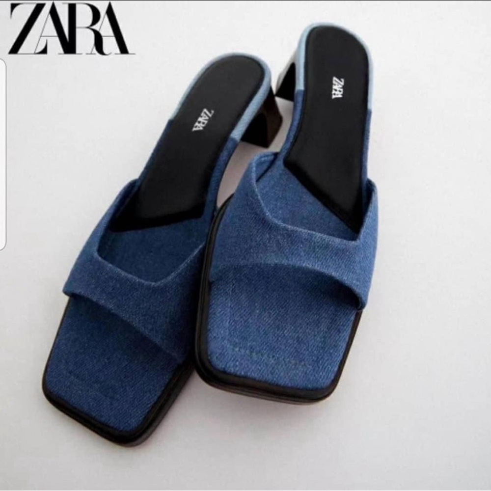 Zara Womens Denim Sandals Blue Slip On Stacked Heels Open Toe size EUR 40